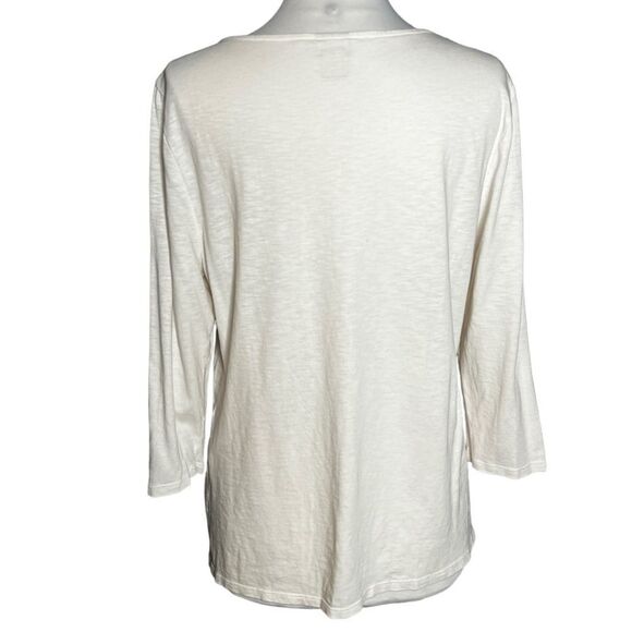 CHICO’S FLORAL Script-Print Seed Bead & Embroidery Embellished 3/4 Sleeve V-Neck - Picture 7 of 9